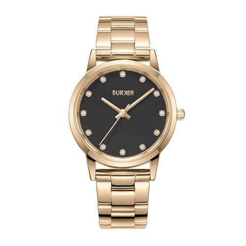 BURKER Damenuhr Amy, Runder Damen Armbanduhr mit Zirkonia Gliederarmband Edelstahl Analog Quarz 3-ATM Wasserdicht - 32 mm - Gold Schwarz von BURKER