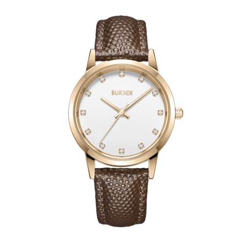 BURKER Damenuhr Amy, Runder Damen Armbanduhr mit Zirkonia Lederarmband Edelstahl Analog Quarz 3-ATM Wasserdicht - 32 mm - Gold Braun Leder von BURKER