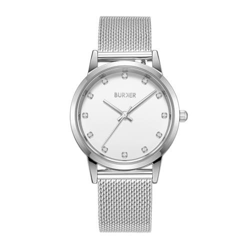 BURKER Damenuhr Amy, Runder Damen Armbanduhr mit Zirkonia Milanaise-Armband Edelstahl Analog Quarz 3-ATM Wasserdicht - 32 mm - Silber Weiß von BURKER
