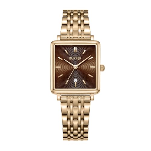 BURKER Damenuhr Daisy, Quadratische Damen Armbanduhr Gliederarmband Edelstahl Analog Quarz 3-ATM Wasserdicht - 28 mm - Gold Braun von BURKER