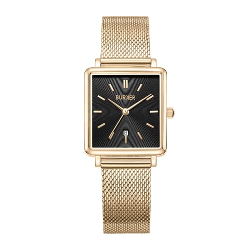 BURKER Damenuhr Daisy, Quadratische Damen Armbanduhr Milanaise-Armband Edelstahl Analog Quarz 3-ATM Wasserdicht - 28 mm - Gold Schwarz von BURKER