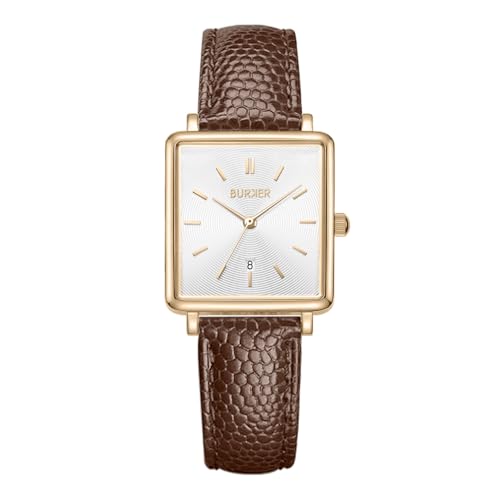 BURKER Damenuhr Daisy, Quadratische Damen Armbanduhr Lederarmband Edelstahl Analog Quarz 3-ATM Wasserdicht - 28 mm - Gold Braun Leder von BURKER