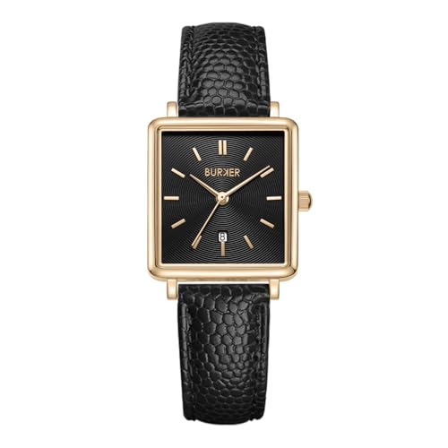 BURKER Damenuhr Daisy, Quadratische Damen Armbanduhr Lederarmband Edelstahl Analog Quarz 3-ATM Wasserdicht - 28 mm - Gold Schwarz/Schwarz Leder von BURKER