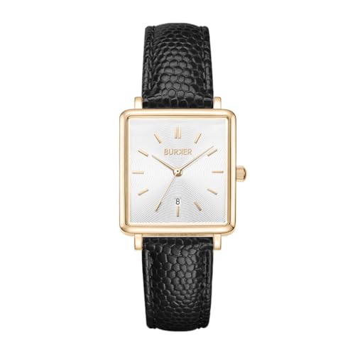 BURKER Armbanduhr Daisy Gold Schwarz Leder - Damen Uhr Liebes Geschenk für Sie - Analog Quarz Armbanduhr Quadratisch Wasserdicht 3 ATM - 28 mm von BURKER