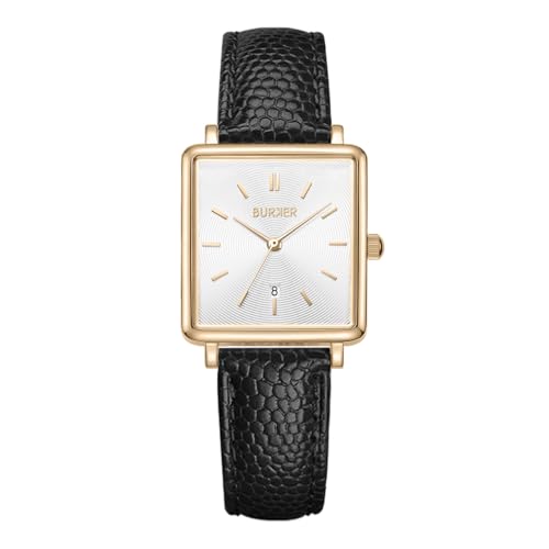 BURKER Damenuhr Daisy, Quadratische Damen Armbanduhr Lederarmband Edelstahl Analog Quarz 3-ATM Wasserdicht - 28 mm - Gold Schwarz Leder von BURKER