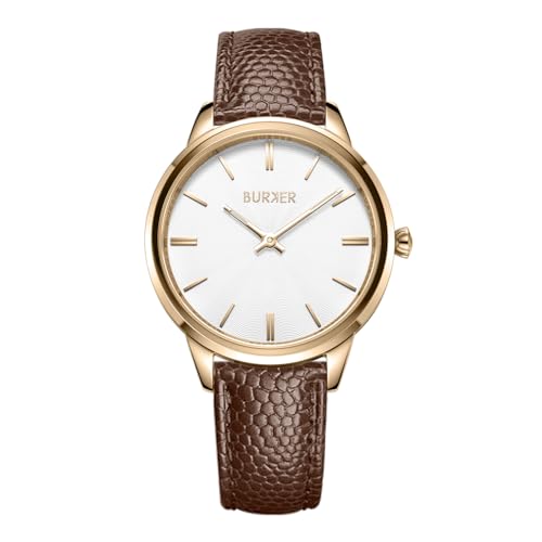 BURKER Damenuhr Emily, Runder Damen Armbanduhr Lederarmband Edelstahl Analog Quarz 3-ATM Wasserdicht - 36 mm - Gold Braun Leder von BURKER