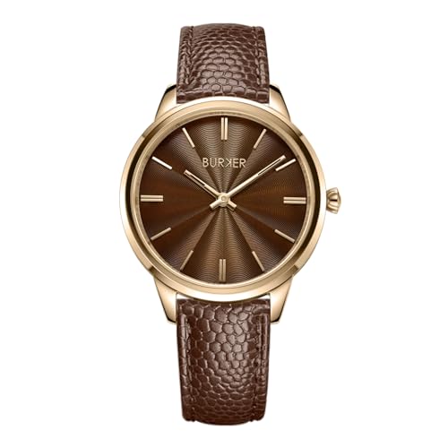 BURKER Damenuhr Emily, Runder Damen Armbanduhr Lederarmband Edelstahl Analog Quarz 3-ATM Wasserdicht - 36 mm - Gold Braun/Braun Leder von BURKER