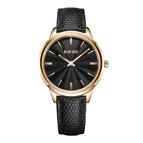 BURKER Damenuhr Emily, Runder Damen Armbanduhr Lederarmband Edelstahl Analog Quarz 3-ATM Wasserdicht - 36 mm - Gold Schwarz/Schwarz Leder von BURKER