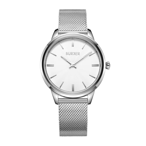 BURKER Damenuhr Emily, Runder Damen Armbanduhr Milanaise-Armband Edelstahl Analog Quarz 3-ATM Wasserdicht - 36 mm - Silber von BURKER