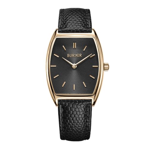 BURKER Damenuhr Grace, Oval Damen Armbanduhr Lederarmband Edelstahl Analog Quarz 3-ATM Wasserdicht - 25 mm - Schwarz Schwarz Leder von BURKER
