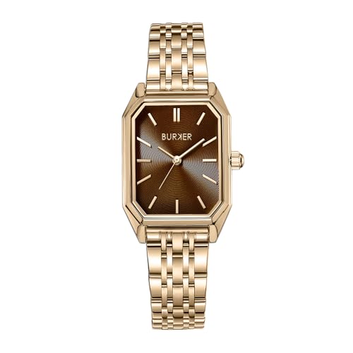 BURKER Damenuhr Isabell, Rechteckiger Damen Armbanduhr Gliederarmband Edelstahl Analog Quarz 3-ATM Wasserdicht - 28 mm - Gold Braun von BURKER