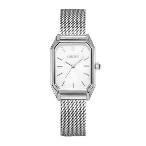 BURKER Damenuhr Isabell Silber Mesh - Rechteckiger Armbanduhr Milanaise Analog Quarz Armbanduhr Wasserdicht 3 ATM Edelstahl - 28 mm von BURKER