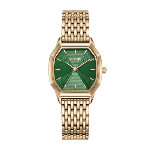 BURKER Damenuhr Julia, Hexagon-Gehäuse Damen Armbanduhr Gliederarmband Edelstahl Analog Quarz 3-ATM Wasserdicht - 32 mm - Gold Grün von BURKER