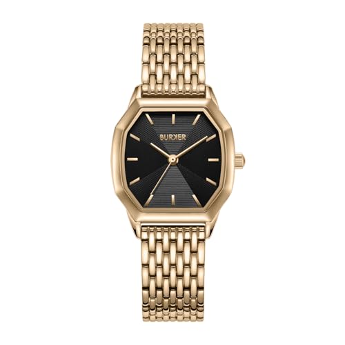BURKER Damenuhr Julia, Hexagon-Gehäuse Damen Armbanduhr Gliederarmband Edelstahl Analog Quarz 3-ATM Wasserdicht - 32 mm - Gold Schwarz von BURKER