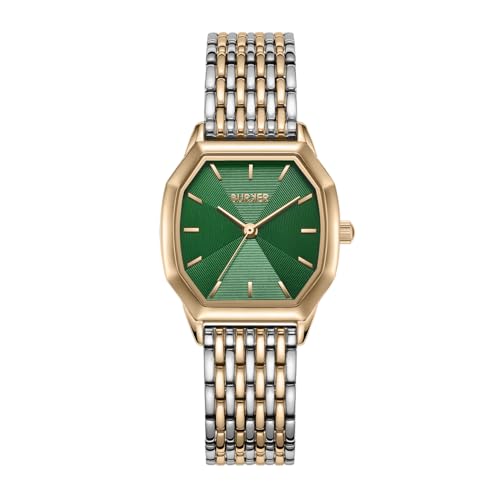 BURKER Damenuhr Julia, Hexagon-Gehäuse Damen Armbanduhr Gliederarmband Edelstahl Analog Quarz 3-ATM Wasserdicht - 32 mm - Gold Silber Grün von BURKER