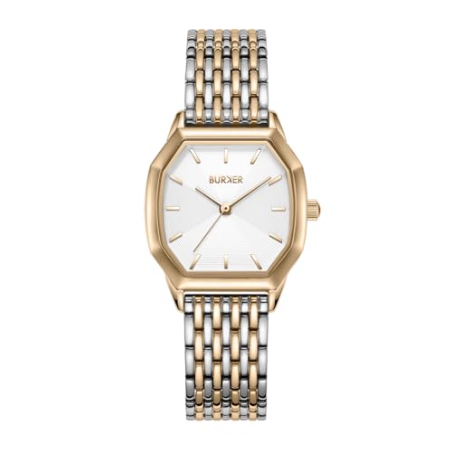 BURKER Damenuhr Julia, Hexagon-Gehäuse Damen Armbanduhr Gliederarmband Edelstahl Analog Quarz 3-ATM Wasserdicht - 32 mm - Gold Silber von BURKER