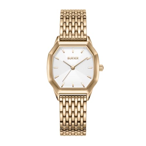BURKER Damenuhr Julia, Hexagon-Gehäuse Damen Armbanduhr Gliederarmband Edelstahl Analog Quarz 3-ATM Wasserdicht - 32 mm - Gold Weiß von BURKER