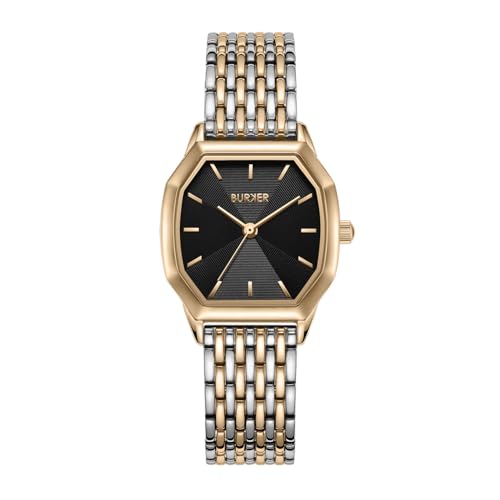 BURKER Damenuhr Julia, Hexagon-Gehäuse Damen Armbanduhr Gliederarmband Edelstahl Analog Quarz 3-ATM Wasserdicht - 32 mm - Schwarz Gold Silber von BURKER