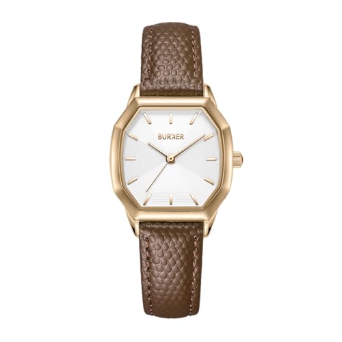 BURKER Damenuhr Julia, Hexagon-Gehäuse Damen Armbanduhr Leder Armband Edelstahl Analog Quarz 3-ATM Wasserdicht - 32 mm - Gold Braun Leder von BURKER