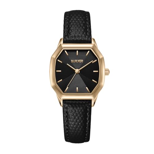 BURKER Damenuhr Julia, Hexagon-Gehäuse Damen Armbanduhr Leder Armband Edelstahl Analog Quarz 3-ATM Wasserdicht - 32 mm - Gold Schwarz/Schwarz Leder von BURKER