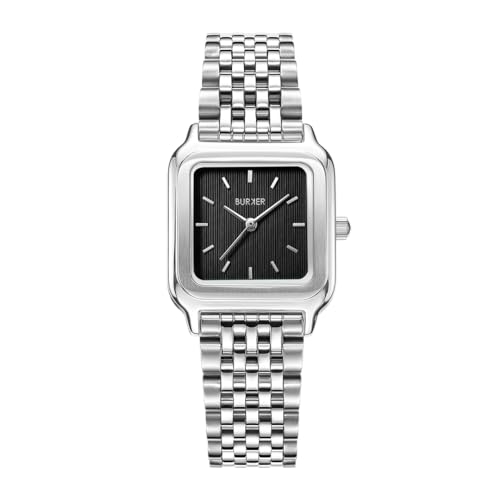BURKER Damenuhr Macy, Quadratische Damen Armbanduhr Gliederarmband Edelstahl Analog Quarz 3-ATM Wasserdicht Geschenk für Frau, Freundin, Mama - 26 mm - Silber Schwarz von BURKER