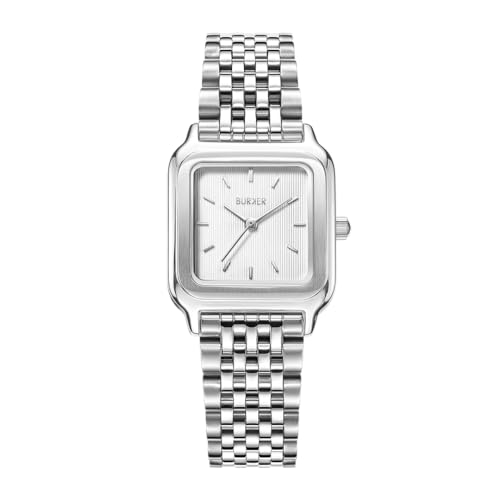 BURKER Damenuhr Macy, Quadratische Damen Armbanduhr Gliederarmband Edelstahl Analog Quarz 3-ATM Wasserdicht Geschenk für Frau, Freundin, Mama - 33 mm - Silber Weiß von BURKER