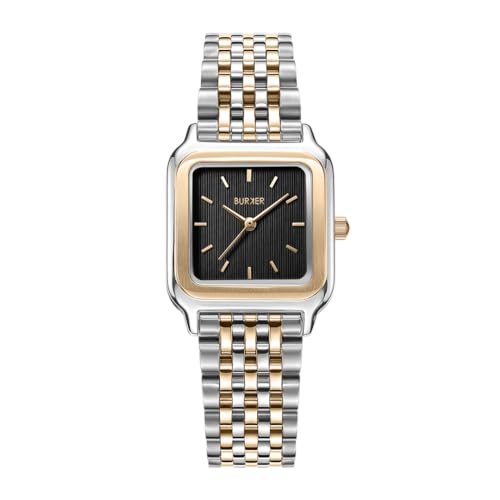 BURKER Damenuhr Macy, Quadratische Damen Armbanduhr Gliederarmband Edelstahl Analog Quarz 3-ATM Wasserdicht Geschenk für Frau, Freundin, Mama - 26 mm - Schwarz Gold Silber von BURKER