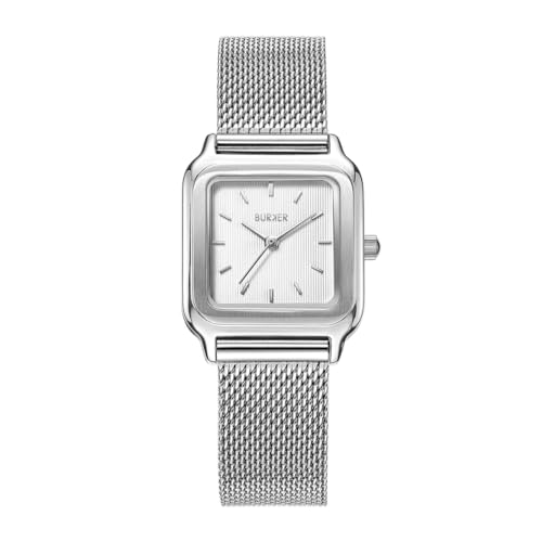 BURKER Damenuhr Macy, Quadratische Damen Armbanduhr Milanaise-Armband Edelstahl Analog Quarz 3-ATM Wasserdicht Geschenk für Frau, Freundin, Mama - 26 mm - Silber von BURKER