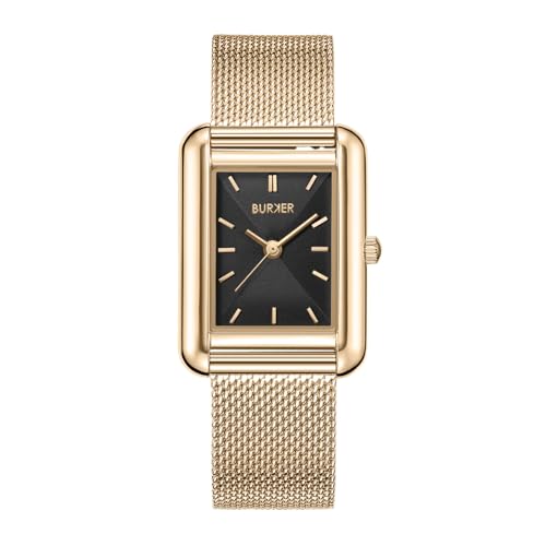 BURKER Damenuhr Olivia, Quadratische Damen Armbanduhr Milanaise-Armband Edelstahl Analog Quarz 3-ATM Wasserdicht - 29 mm - Gold Schwarz von BURKER