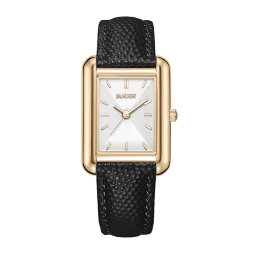 BURKER Damenuhr Olivia, Quadratische Damen Armbanduhr Lederarmband Edelstahl Analog Quarz 3-ATM Wasserdicht - 29 mm - Gold Schwarz Leder von BURKER