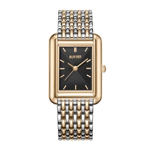 BURKER Damenuhr Olivia, Quadratische Damen Armbanduhr Gliederarmband Edelstahl Analog Quarz 3-ATM Wasserdicht - 29 mm - Schwarz Gold Silber von BURKER