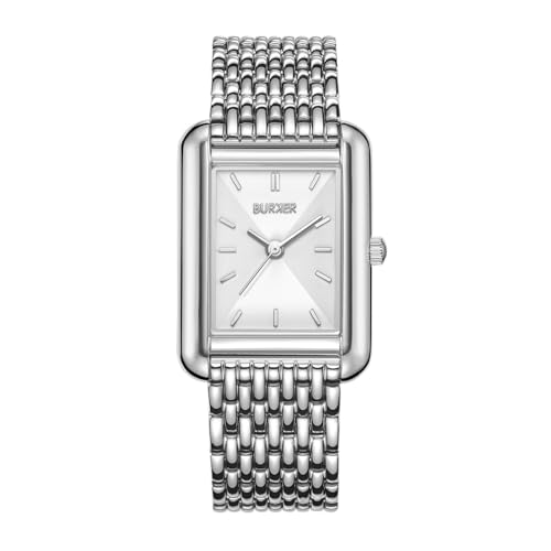BURKER Damenuhr Olivia, Quadratische Damen Armbanduhr Gliederarmband Edelstahl Analog Quarz 3-ATM Wasserdicht - 29 mm - Silber von BURKER