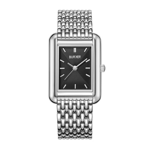 BURKER Damenuhr Olivia, Quadratische Damen Armbanduhr Gliederarmband Edelstahl Analog Quarz 3-ATM Wasserdicht - 29 mm - Silber Schwarz von BURKER