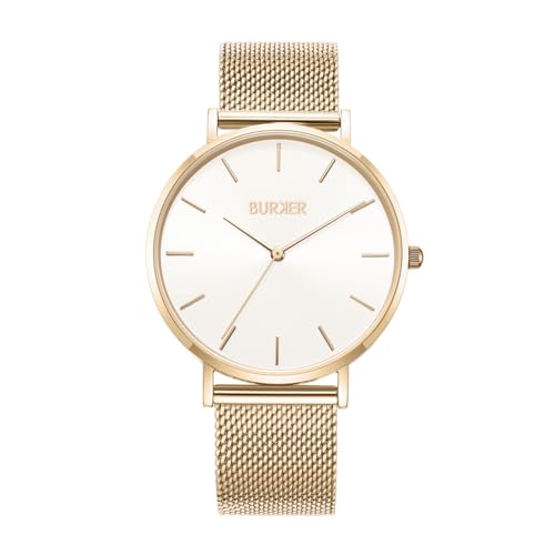 BURKER Damenuhr Ruby, Runder Damen Armbanduhr Klassisch Analog Wasserdicht 3 ATM Geschenk für Frauen Geburtstag Valentinstag - Milanaise-Armband - Gold Weiß Mesh - 38 mm von BURKER