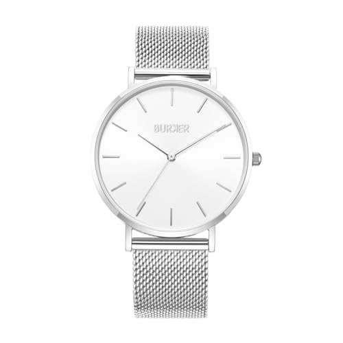 BURKER Damenuhr Ruby, Runder Damen Armbanduhr Klassisch Analog Wasserdicht 3 ATM Geschenk für Frauen Geburtstag Valentinstag - Milanaise-Armband - Silber Weiß Mesh - 38 mm von BURKER