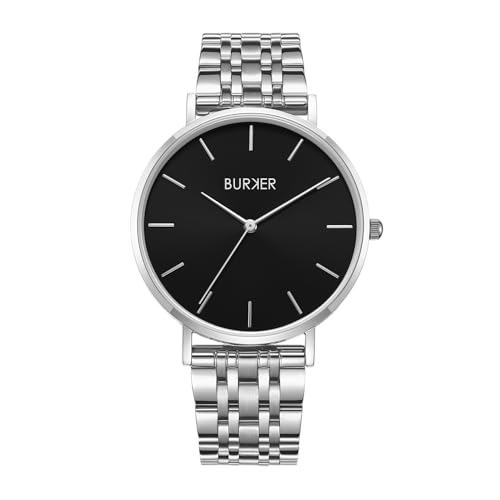 BURKER Damenuhr Ruby, Runder Damen Armbanduhr Klassisch Analog Wasserdicht 3 ATM Geschenk für Frauen Geburtstag Valentinstag - Silber Schwarz - 38 mm von BURKER