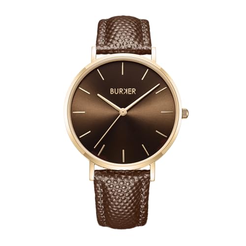 BURKER Damenuhr Ruby, Runder Damen Armbanduhr Klassisch Analog Wasserdicht 3 ATM Geschenk für Frauen Geburtstag Valentinstag - Lederarmband - Gold Braun Braun - 38 mm von BURKER