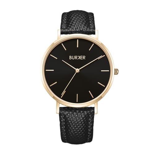 BURKER Damenuhr Ruby, Runder Damen Armbanduhr Klassisch Analog Wasserdicht 3 ATM Geschenk für Frauen Geburtstag Valentinstag - Lederarmband - Gold Schwarz Schwarz - 38 mm von BURKER