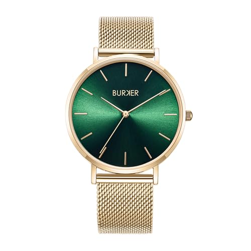 BURKER Damenuhr Ruby, Runder Damen Armbanduhr Klassisch Analog Wasserdicht 3 ATM Geschenk für Frauen Geburtstag Valentinstag - Milanaise-Armband - Gold Grün Mesh - 38 mm von BURKER