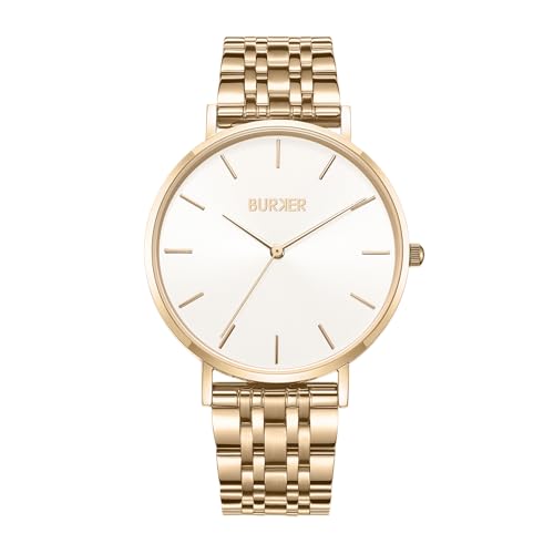 BURKER Damenuhr Ruby, Runder Damen Armbanduhr Klassisch Analog Wasserdicht 3 ATM Geschenk für Frauen Geburtstag Valentinstag - Milanaise-Armband - Gold Weiß Mesh - 38 mm von BURKER