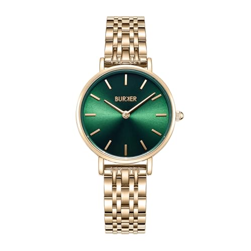 BURKER Damenuhr Ruby Petite, Runder Damen Armbanduhr Klassisch Analog Wasserdicht 3 ATM Geschenk für Frauen Geburtstag Valentinstag - Gold Grün - 28 mm von BURKER