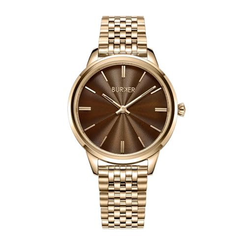 BURKER Damenuhr Emily, Runder Damen Armbanduhr Gliederarmband Edelstahl Analog Quarz 3-ATM Wasserdicht - 36 mm - Gold Braun von BURKER