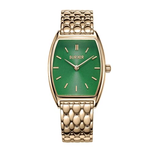 BURKER Damenuhr Grace, Oval Damen Armbanduhr Gliederarmband Edelstahl Analog Quarz 3-ATM Wasserdicht - 25 mm - Gold Grün von BURKER