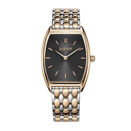 BURKER Damenuhr Grace, Oval Damen Armbanduhr Gliederarmband Edelstahl Analog Quarz 3-ATM Wasserdicht - 25 mm - Schwarz Gold Silber von BURKER