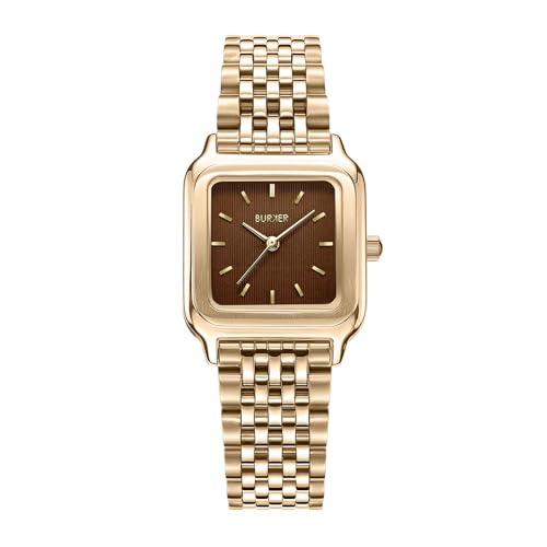 BURKER Damenuhr Macy, Quadratische Damen Armbanduhr Gliederarmband Edelstahl Analog Quarz 3-ATM Wasserdicht Geschenk für Frau, Freundin, Mama - 26 mm - Gold Braun von BURKER