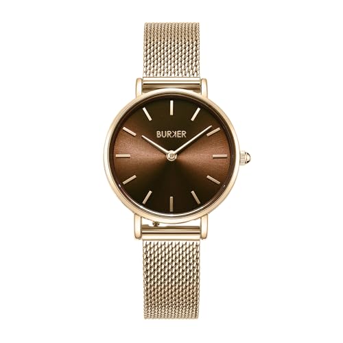 BURKER Damenuhr Ruby Petite, Runder Damen Armbanduhr Klassisch Analog Wasserdicht 3 ATM Geschenk für Frauen Geburtstag Valentinstag - Milanaise-Armband - Gold Braun Mesh - 28 mm von BURKER