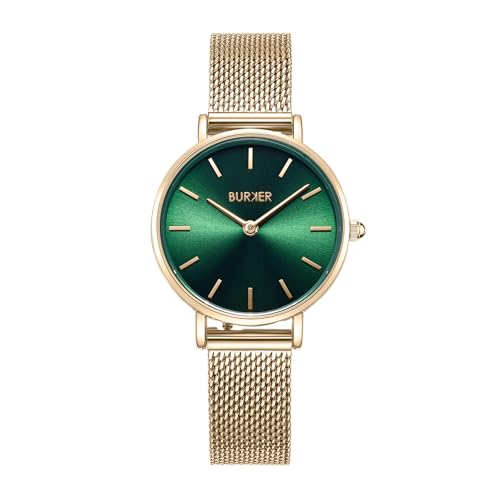 BURKER Damenuhr Ruby Petite, Runder Damen Armbanduhr Klassisch Analog Wasserdicht 3 ATM Geschenk für Frauen Geburtstag Valentinstag - Milanaise-Armband - Gold Grün Mesh - 28 mm von BURKER