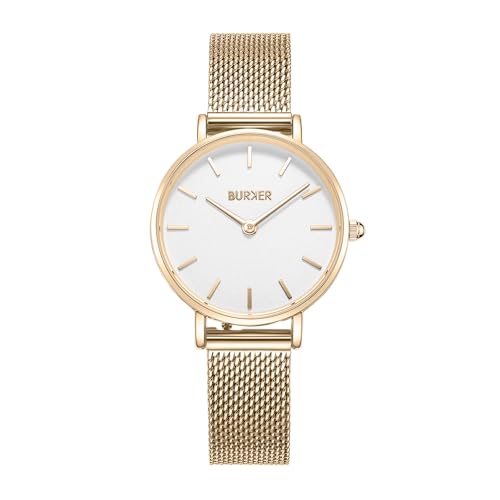 BURKER Damenuhr Ruby Petite, Runder Damen Armbanduhr Klassisch Analog Wasserdicht 3 ATM Geschenk für Frauen Geburtstag Valentinstag - Milanaise-Armband - Gold Weiß Mesh - 28 mm von BURKER