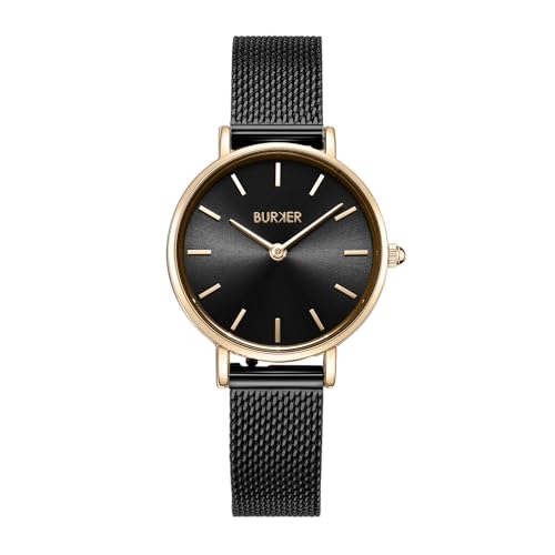 BURKER Damenuhr Ruby Petite, Runder Damen Armbanduhr Klassisch Analog Wasserdicht 3 ATM Geschenk für Frauen Geburtstag Valentinstag - Milanaise-Armband - Schwarz Gold Mesh - 28 mm von BURKER