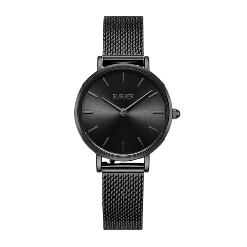 BURKER Damenuhr Ruby Petite, Runder Damen Armbanduhr Klassisch Analog Wasserdicht 3 ATM Geschenk für Frauen Geburtstag Valentinstag - Milanaise-Armband - Schwarz Mesh - 28 mm von BURKER